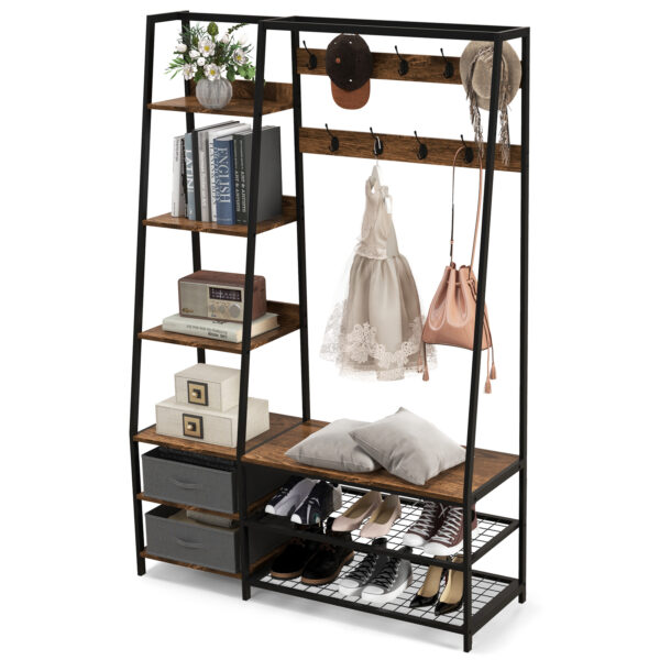 6-in-1 Freestanding Garment Coat Rack with 9 Hooks and 6 Storage Shelves
