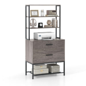 Freestanding Printer Stand with 3-Tier Open Shelves and Large Drawer-Grey