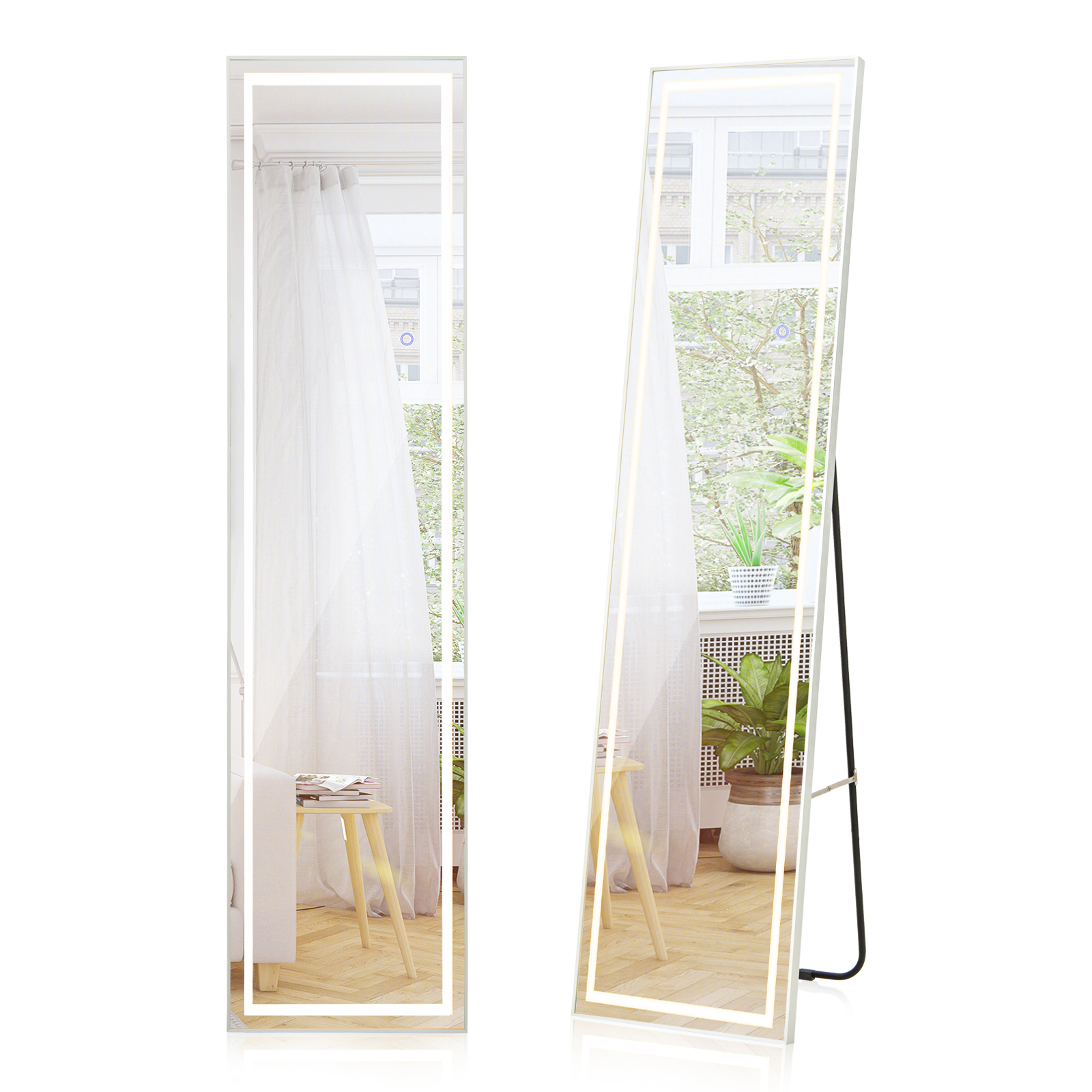 LED Lighted Full Length Mirror with Dimming and 3 Color Lighting-White