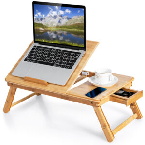 Portable Bamboo Laptop Lap Tray with Adjustable Legs and Tilting Top-Natural