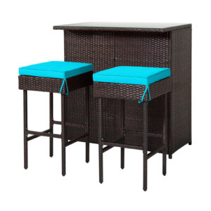 3-Piece Outdoor PE Rattan Bar Set with Cushions-Turquoise