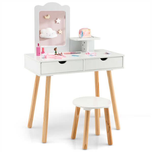 Kids Vanity Table and Stool Set with Square Mirror and Storage Shelf-White