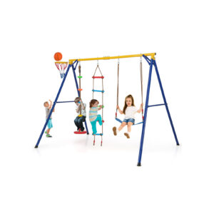 4-in-1 Heavy Duty Swing Set with 1 Basketball Hoop and 1 Adjustable Belt Swing-Blue & Yellow