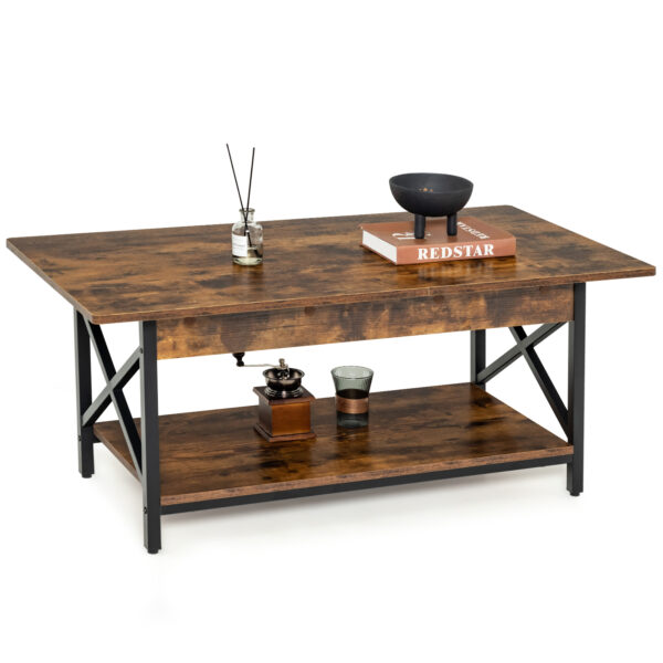 2-Tier Industrial Coffee Table for Living Room Bedroom Office-Rustic Brown