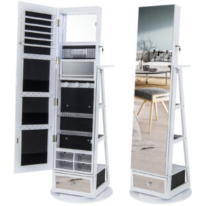 360° Swivel Lockable Jewelry Armoire Cabinet with Full-Length Mirror-White