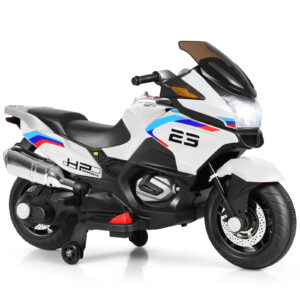 12V Electric Battery Powered Ride On Motorcycle with Training Wheels-White