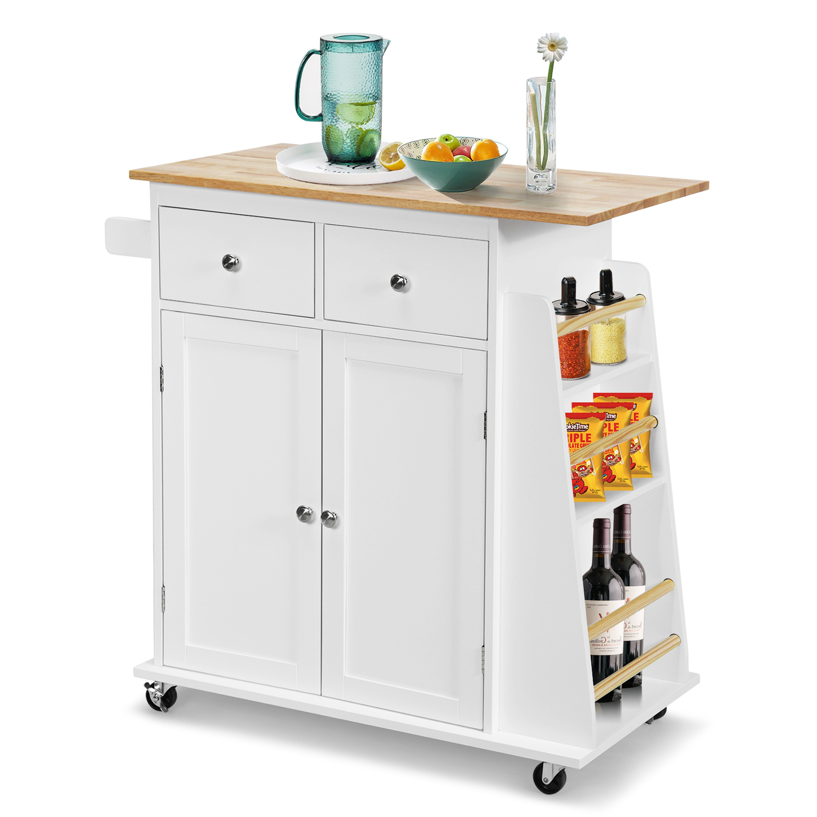 Kitchen Island with Rubber Wood Countertop and Storage on Wheels-White