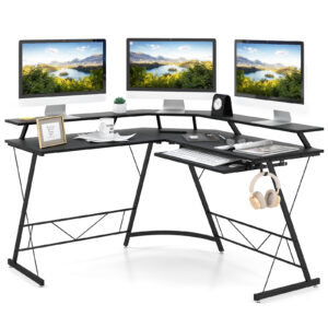 L-shaped Computer Desk with Power Outlet and Monitor Stand-Black