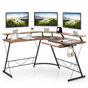 L-shaped Computer Desk with Power Outlet and Monitor Stand-Rustic Brown