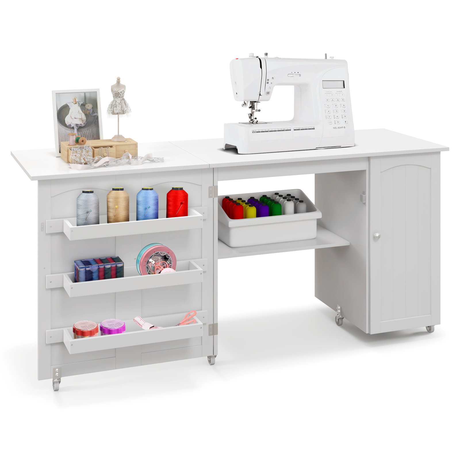 Large Foldable Sewing Table with Lockable Casters-White