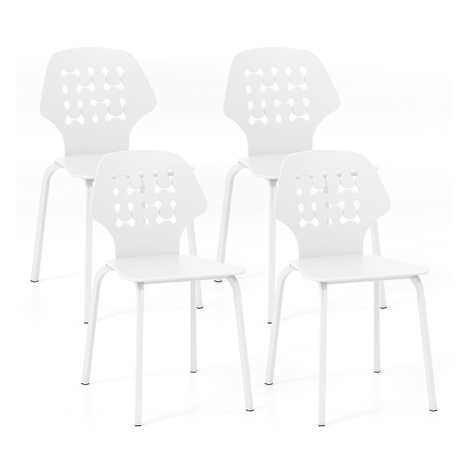 Metal Dining Chair Set of 4 with Hollowed Backrest and Metal Legs-White