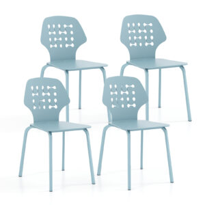 Metal Dining Chair Set of 4 with Hollowed Backrest and Metal Legs-Blue