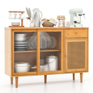 Bamboo Buffet Cabinet with Tempered Glass Sliding Doors and Drawer-Natural