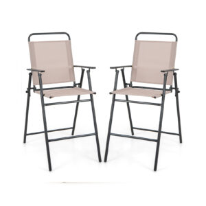 Outdoor Folding Bar Chair Set of 2 with Backrest Armrests Footrest-Beige