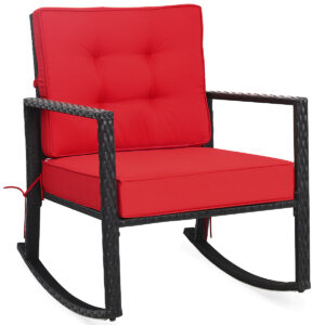 Outdoor Wicker Rocking Chair with Heavy-Duty Steel Frame-Red