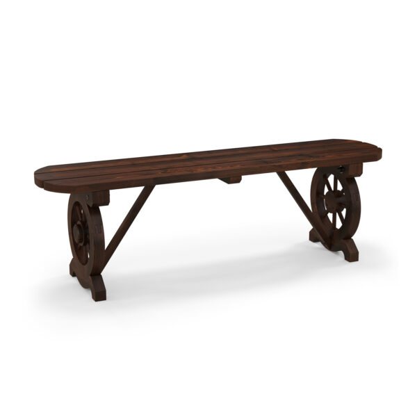 2-Seat Patio Wood Bench with Wagon Wheel Base and Slatted Seat
