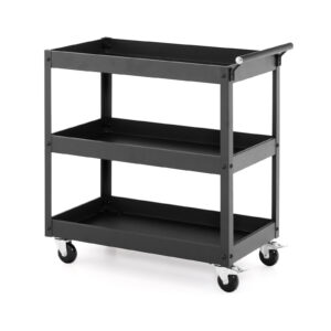 3 Shelf Rolling Metal Utility Cart with Ergonomic Handle-Black