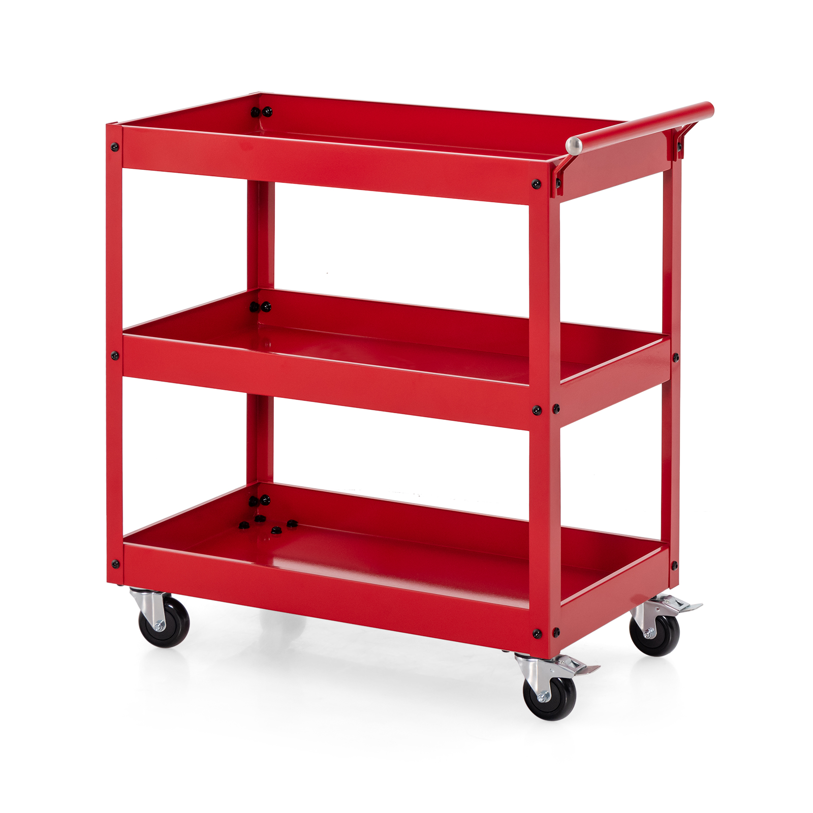 3 Shelf Rolling Metal Utility Cart with Ergonomic Handle-Red