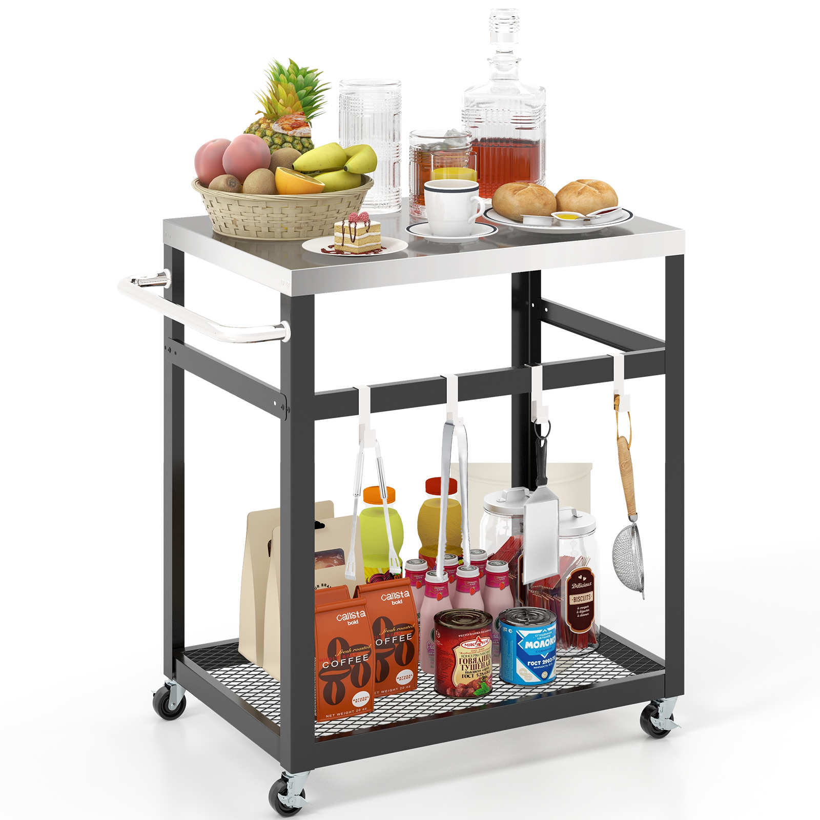 2-tier Stainless Steel Grill Cart with Wheels and Handle-Black