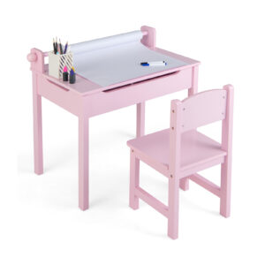 Toddler Activity Table with Chair with Storage and Paper Roll Holder-Pink