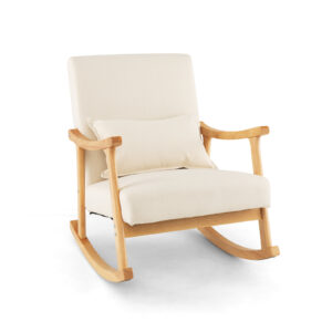 Upholstered Rocking Chair Modern Rocker with Rubber Wood Frame-Beige