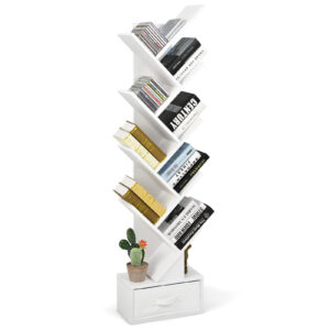 10-Tier Freestanding Tree Bookshelf with Drawer-White
