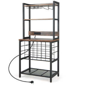 Wine Bar Cabinet Industrial 4 Tier with Glass Holders-Brown