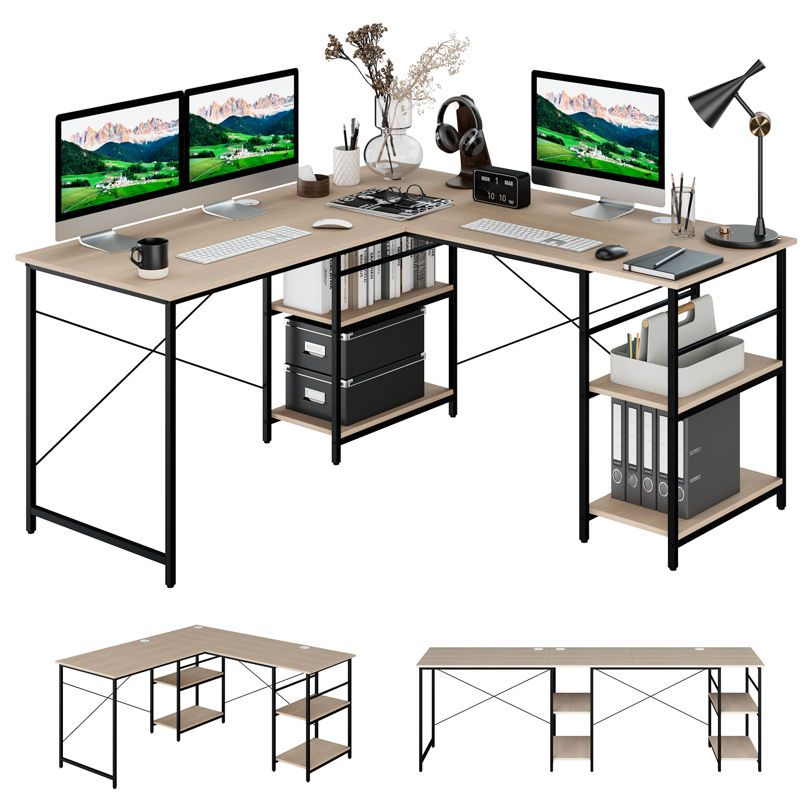 Wooden Industrial L-Shaped Desk with Storage Shelves-Natural