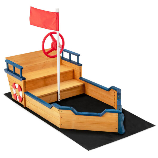Wooden Pirate Sandboat with Bench Seat and Flag