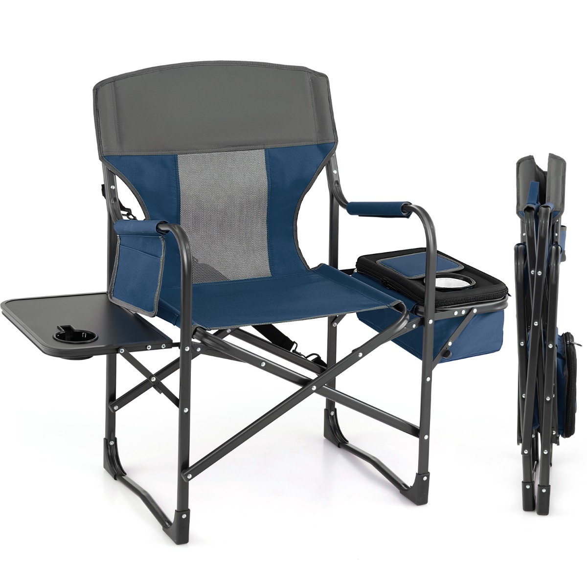 Folding Camping Chair with Side Table and Cooler Bag-Blue