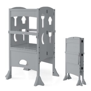 Folding Height Adjustable Kids Step Stool with Safety Latches-Grey