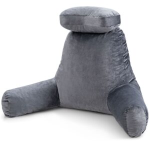 Memory Foam Bed Rest Reading Pillow with Detachable Neck Roll-Grey