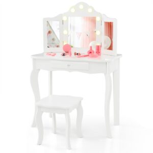 Kids Vanity Table and Stool Set with Real Glass Tri-Folding Mirror and Drawer-White