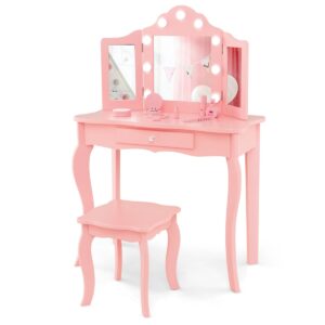 Kids Vanity Table and Stool Set with Real Glass Tri-Folding Mirror and Drawer-Pink