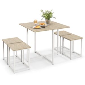 5-Piece Dining Table Set  with 4 Square Stools for Breakfast Nook-Natural