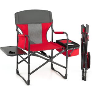 Folding Camping Chair with Side Table and Cooler Bag-Red