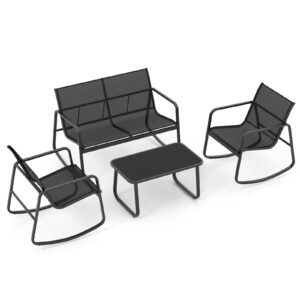 4 Piece Patio Rocking Set with Glass-Top Table-Black