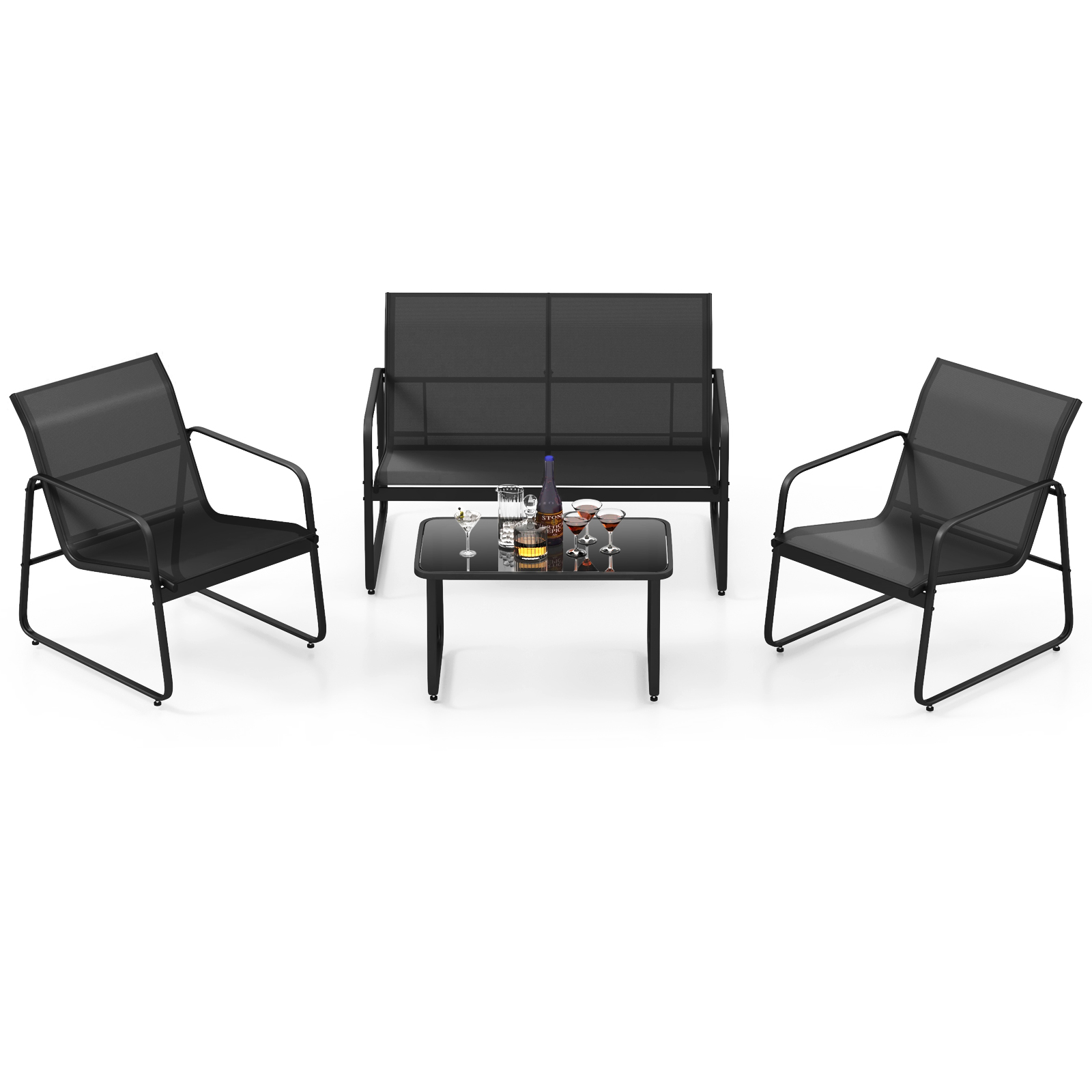4 Pieces Patio Furniture Set with Tempered Glass Coffee Table-Black