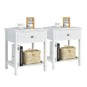 2 Pieces Wooden Nightstand with Drawer and Storage Shelf-White