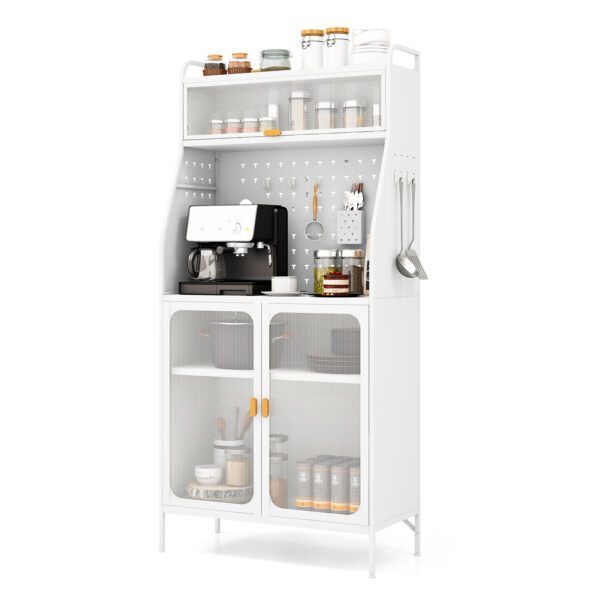 Kitchen Pantry Storage Cabinet Freestanding Baker Rack with Pegboard-White