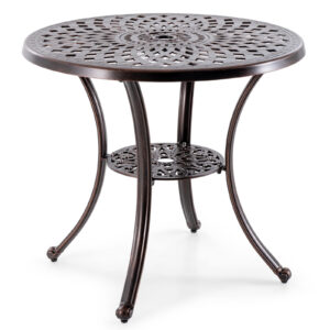 79 cm Patio Cast Aluminum Table with Umbrella Hole and Bottom Shelf-Copper