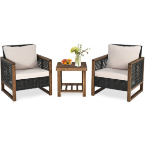 3 Pieces Outdoor Rattan Furniture Bistro Set with Cushioned Sofas-Beige