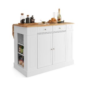 Drop-Leaf Kitchen Island with Extendable Worktop and Adjustable Shelves-White