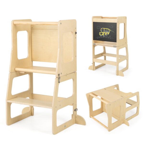 3-in-1 Foldable Kitchen Standing Tower for Toddlers with Chalkboard