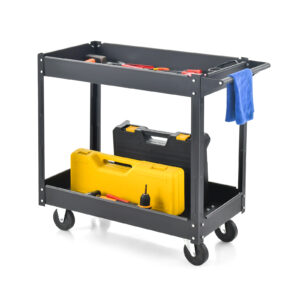 2 Tiers Tool Trolley with Handle and 4 Wheels-Black