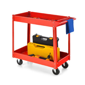 2 Tiers Tool Trolley with Handle and 4 Wheels-Red