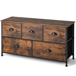 5-Drawer Multifunction Dresser with Foldable Drawers and Wooden Top-Rustic Brown