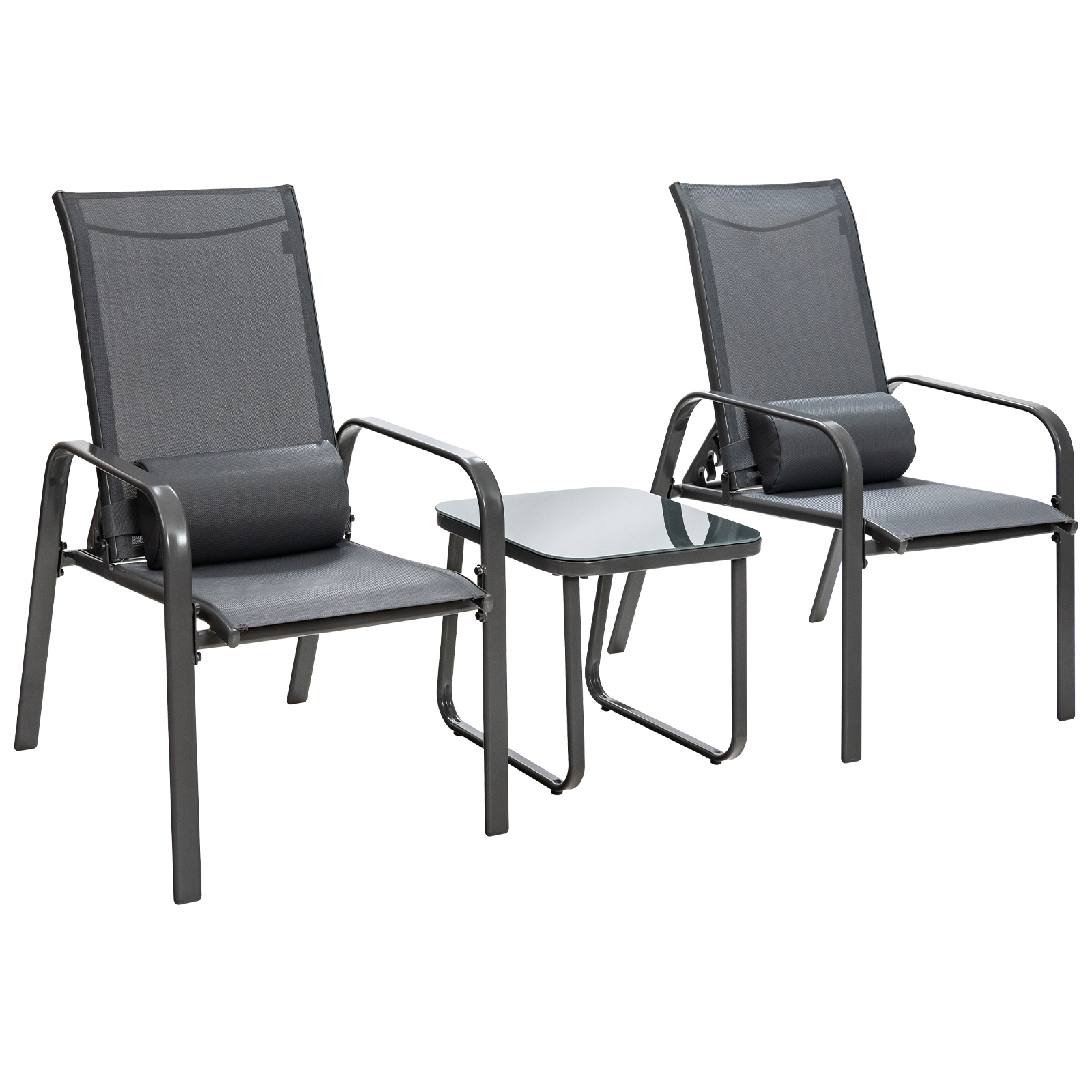 3 Pieces Patio Bistro Set with Coffee Table and 2 Stackable Chairs-Grey
