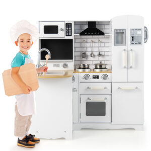 Kid's Corner Kitchen Playset Wooden Play Kitchen with Stove-White