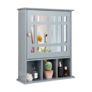 Mirror Door Cabinet with Adjustable Shelf and 3 Compartments-Grey
